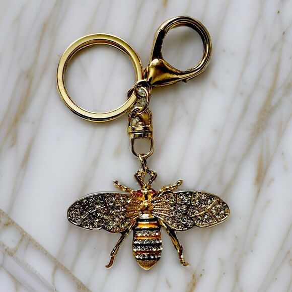 NEW Bee Gold and Rhinestone Keychain Bag Charm - Picture 2 of 3